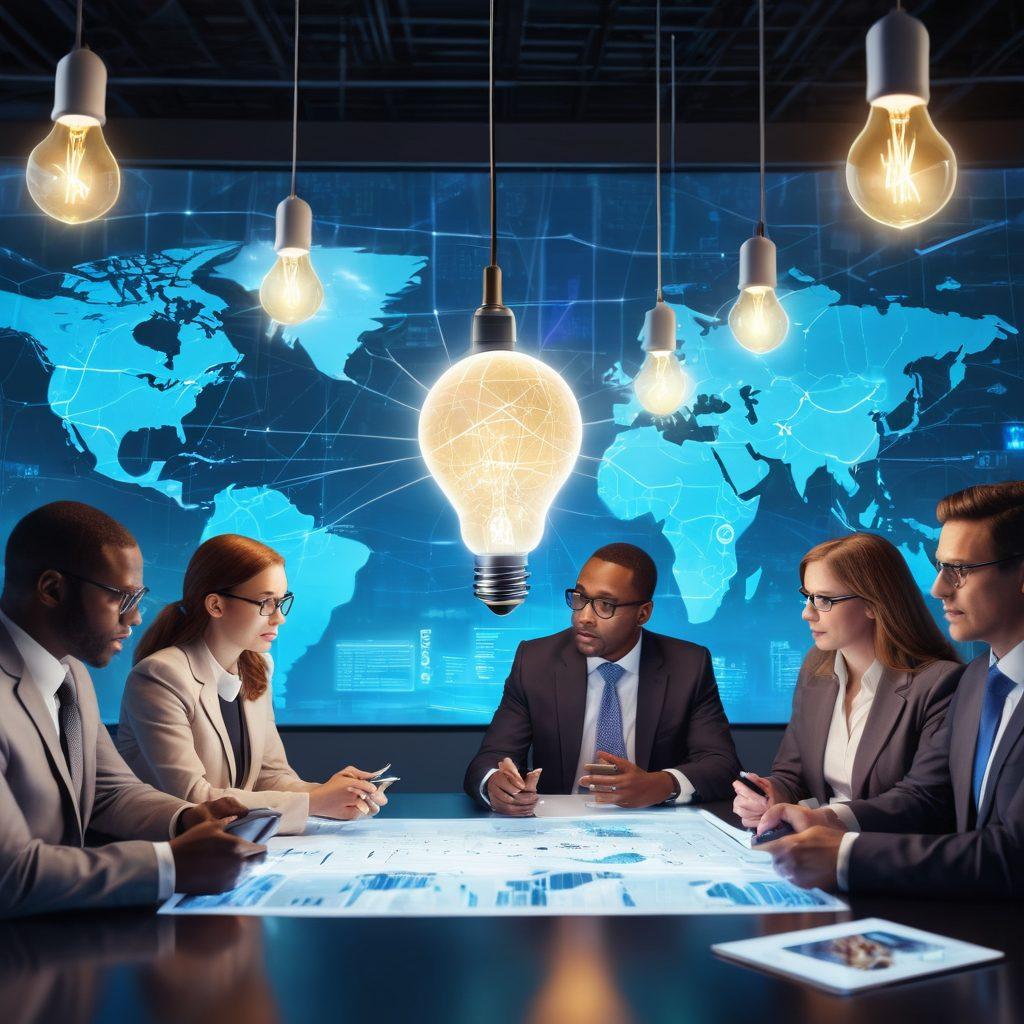 A dynamic scene depicting a diverse group of thought leaders engaged in an animated discussion about technology trends, surrounded by digital devices and futuristic graphs. A bright light bulb symbolizes innovative ideas above them, while a digital world map displays global connections. The atmosphere is energetic and collaborative, with hints of technology, like holograms or tablets. super-realistic. vibrant colors. 3D.