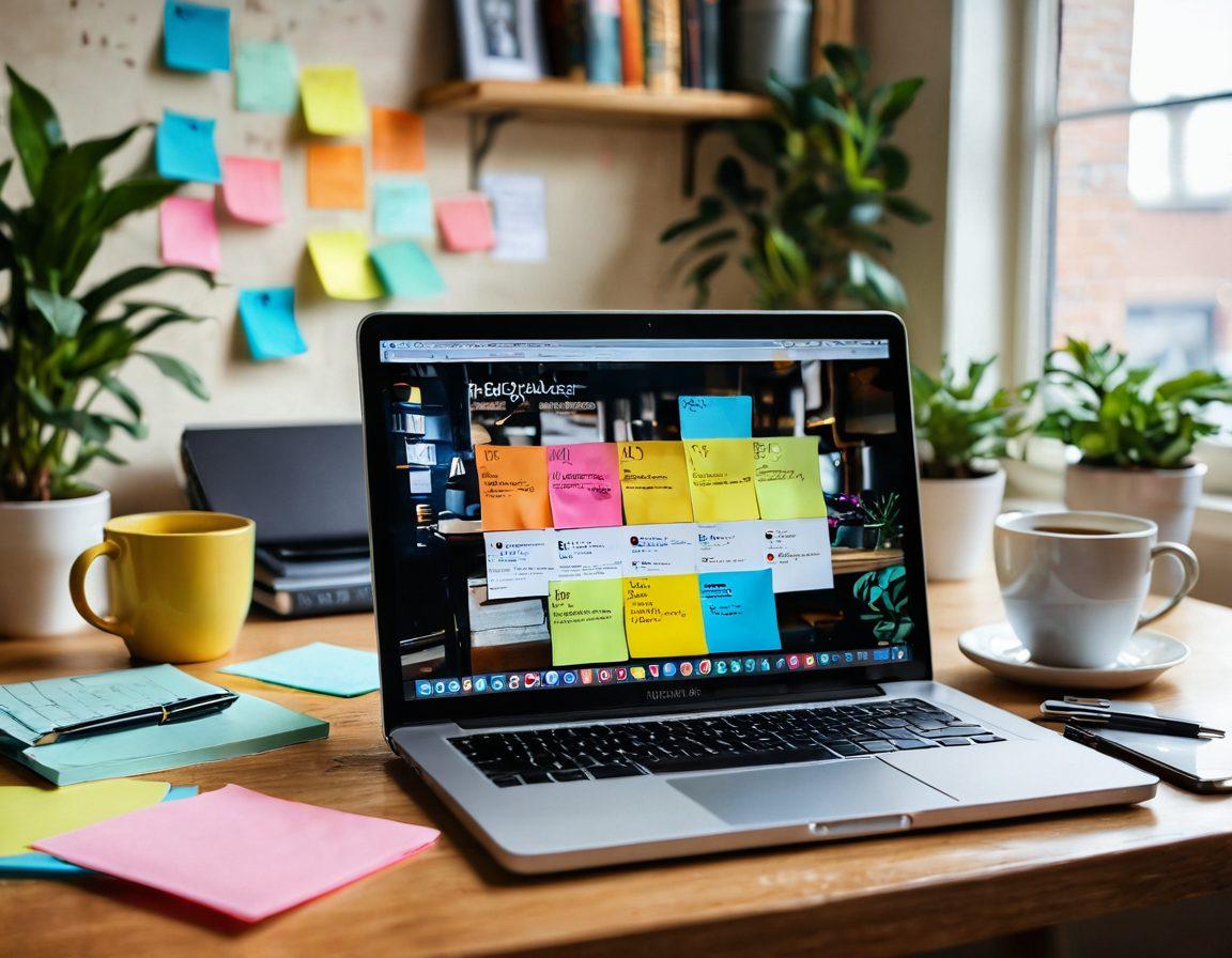 A creative workspace featuring a laptop open with a tech blog on the screen, surrounded by colorful sticky notes, a steaming cup of coffee, and a potted plant. In the background, there are books on blogging and technology, lightly blurred to keep focus on the workspace. Soft, ambient lighting adds a warm touch to the scene. super-realistic. vibrant colors. cozy atmosphere.