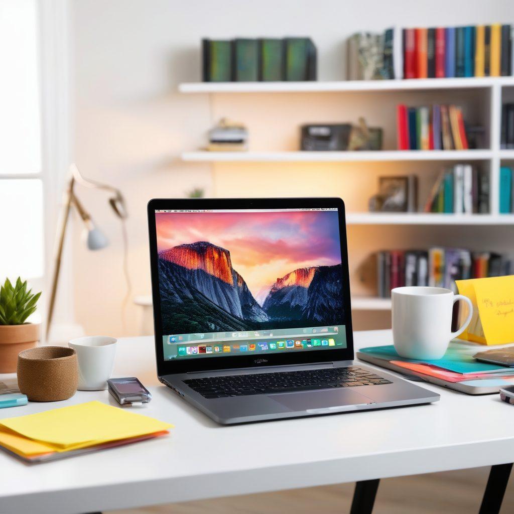 A dynamic workspace featuring a laptop with a vibrant screen displaying tech writing tips, surrounded by gadgets like a smartphone, tablet, and smart speaker. In the background, an inspiring bookshelf filled with tech books and colorful post-it notes. A coffee cup steaming beside the laptop adds a cozy touch. The atmosphere is lively and modern, designed to appeal to tech enthusiasts. super-realistic. vibrant colors. white background.